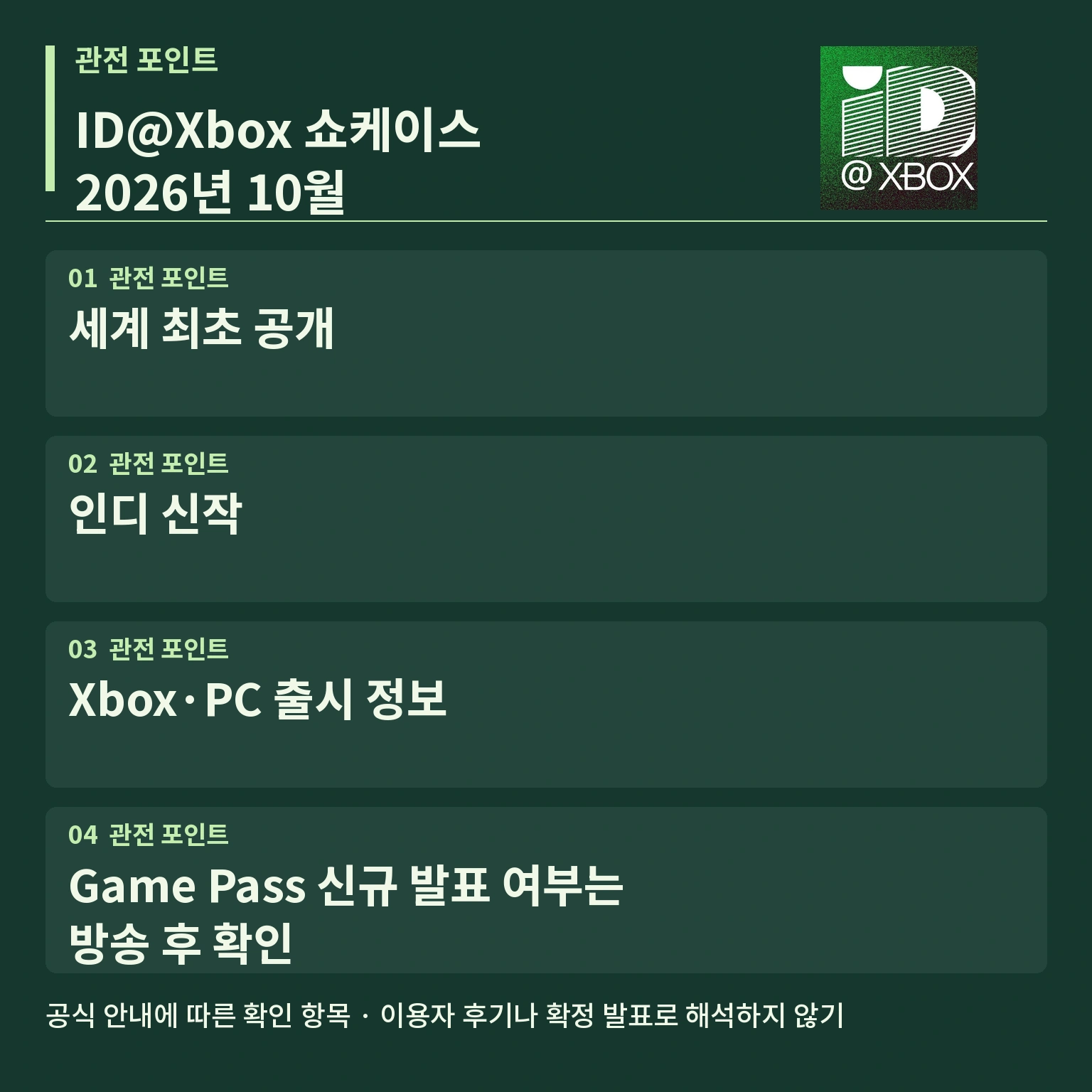 ID@Xbox Showcase 2026 주요 포인트 카드