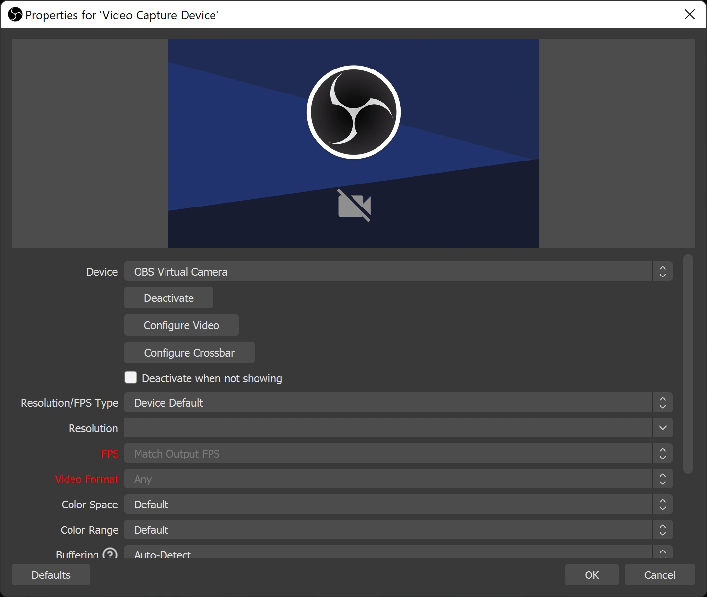 OBS 공식 문서의 실제 Windows 영상 캡처 장치 속성 화면
