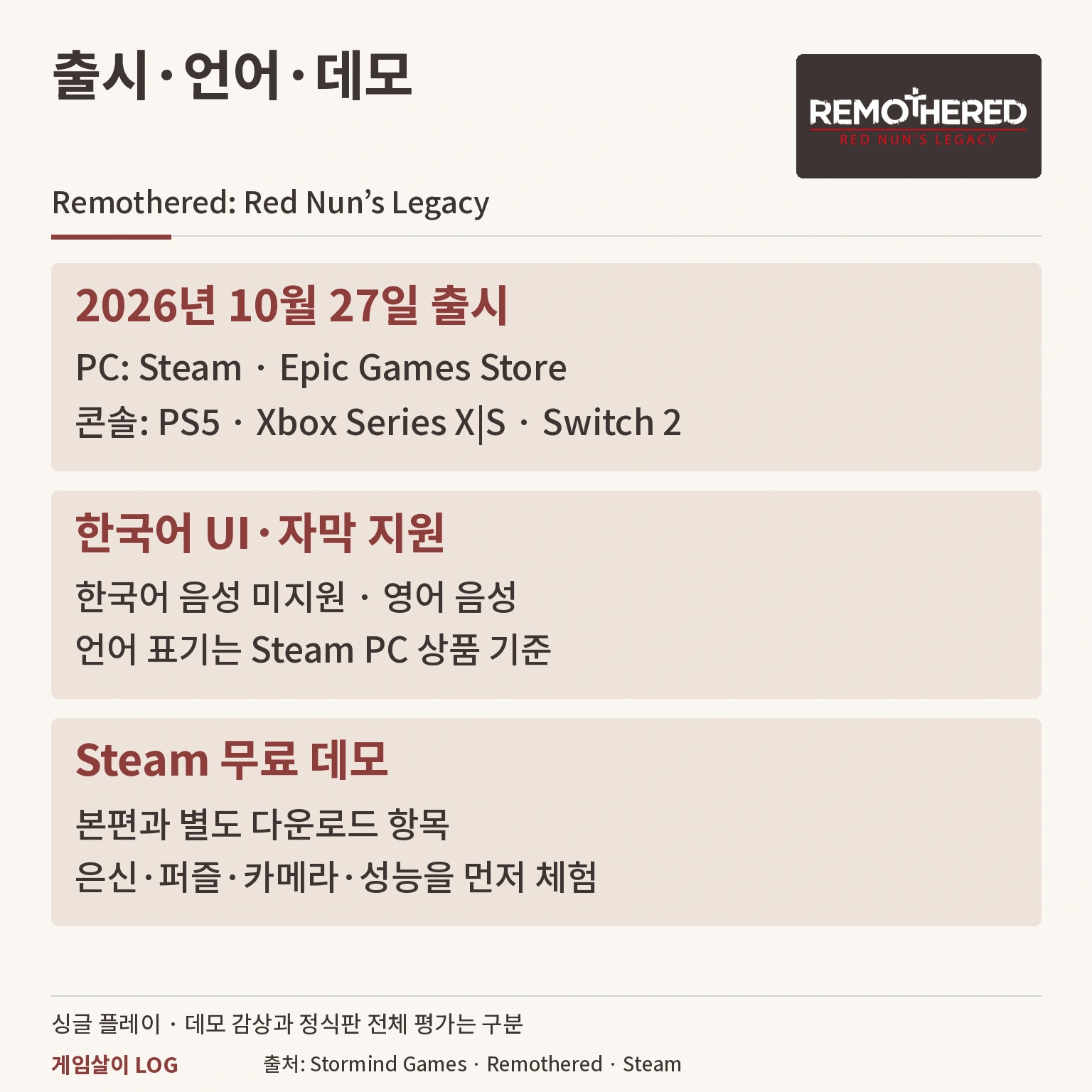 레모더드 레드 넌즈 레거시 출시 플랫폼과 한국어 자막 및 무료 데모 정보